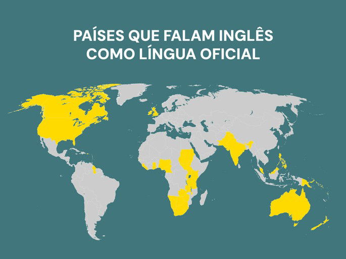 mapa do mundo com destaque nos países onde o inglês é língua oficial