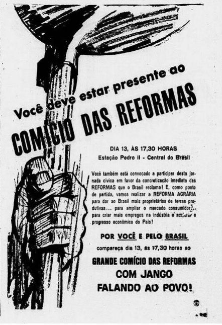 Anúncio de convocação dos trabalhadores para as Reformas de Base, convocando-os para o Comício da Central do Brasil.