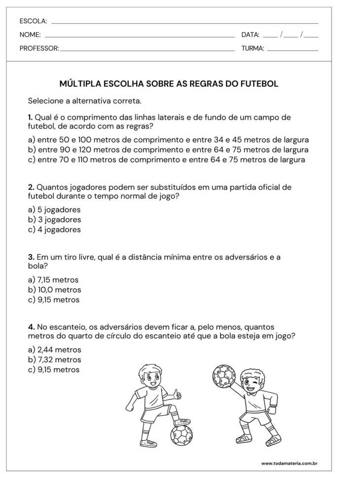 perguntas de múltipla escolha sobre as regras do futebol