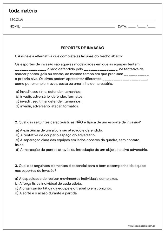 perguntas de múltipla escolha sobre esportes de invasão