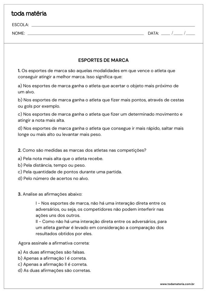 perguntas de múltipla escolha sobre esportes de marca