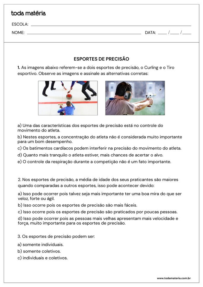 perguntas de múltipla escolha sobre esportes de precisão