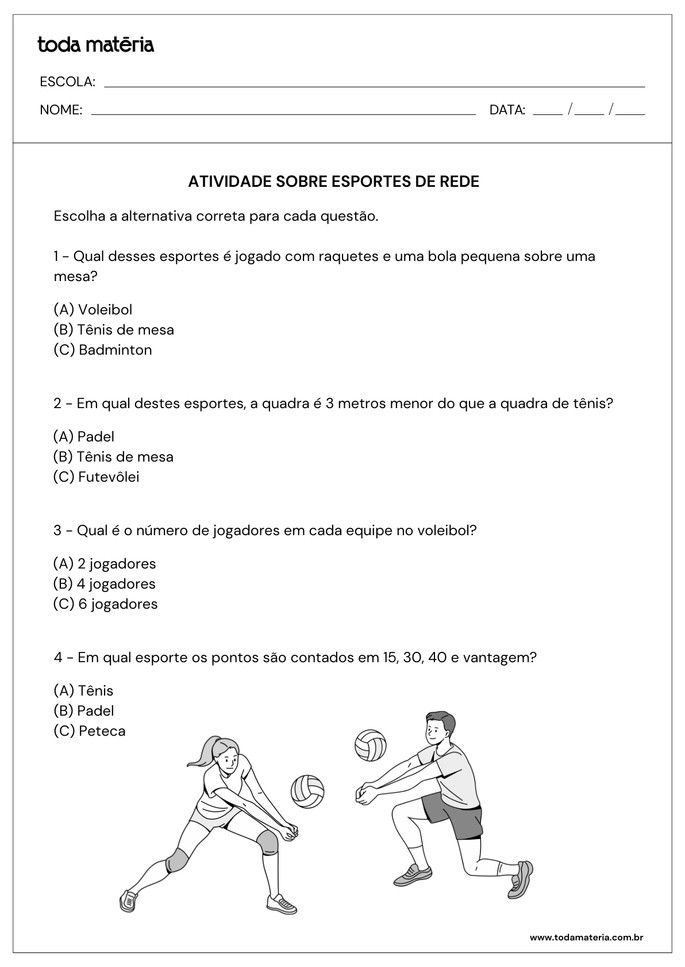 perguntas de múltipla escolha sobre esportes de rede