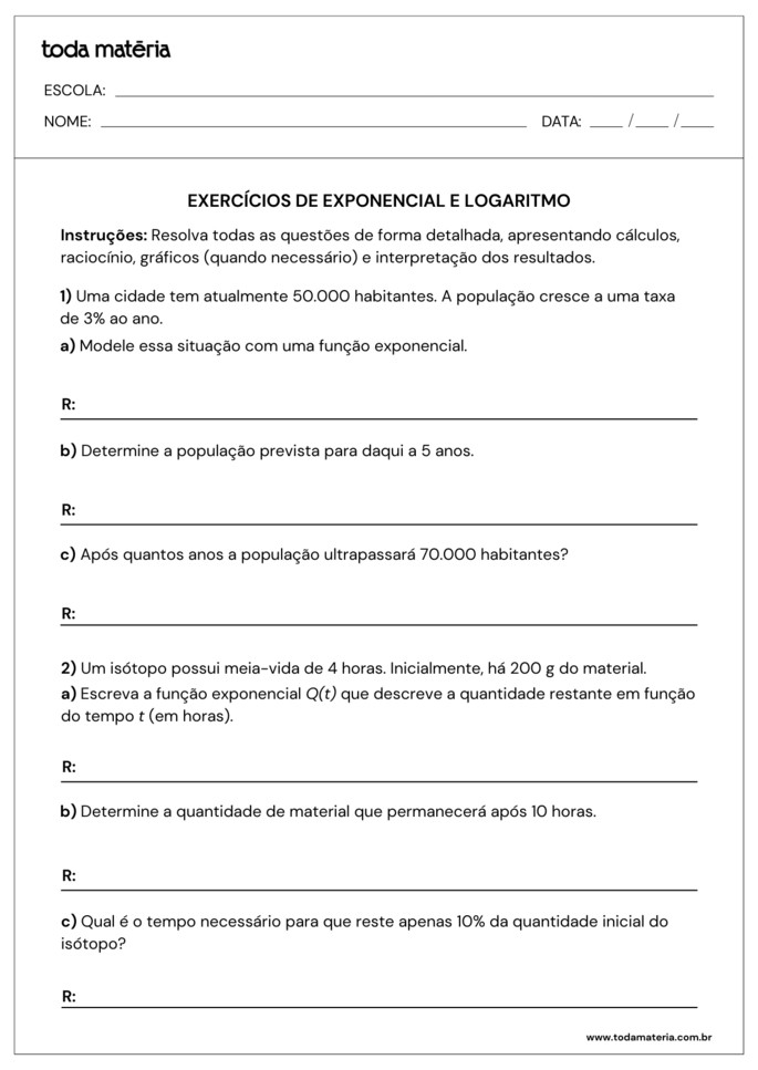 atividades sobre exponencial e logaritmo para 2º ano do ensino médio_folha 1
