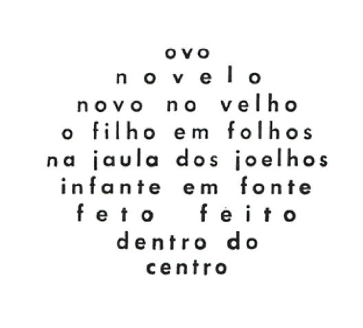 Poema visual de Augusto de Campos. No poema, as palavras são dispostas para formar a imagem de um ovo. As principais palavras presentes no poema são ovo, novelo, novo e velho.