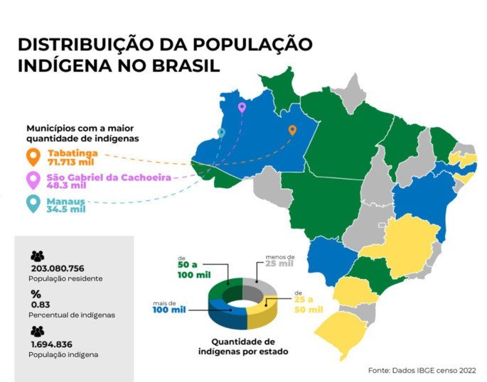 Mapa com a distribuição da população indígena no Brasil