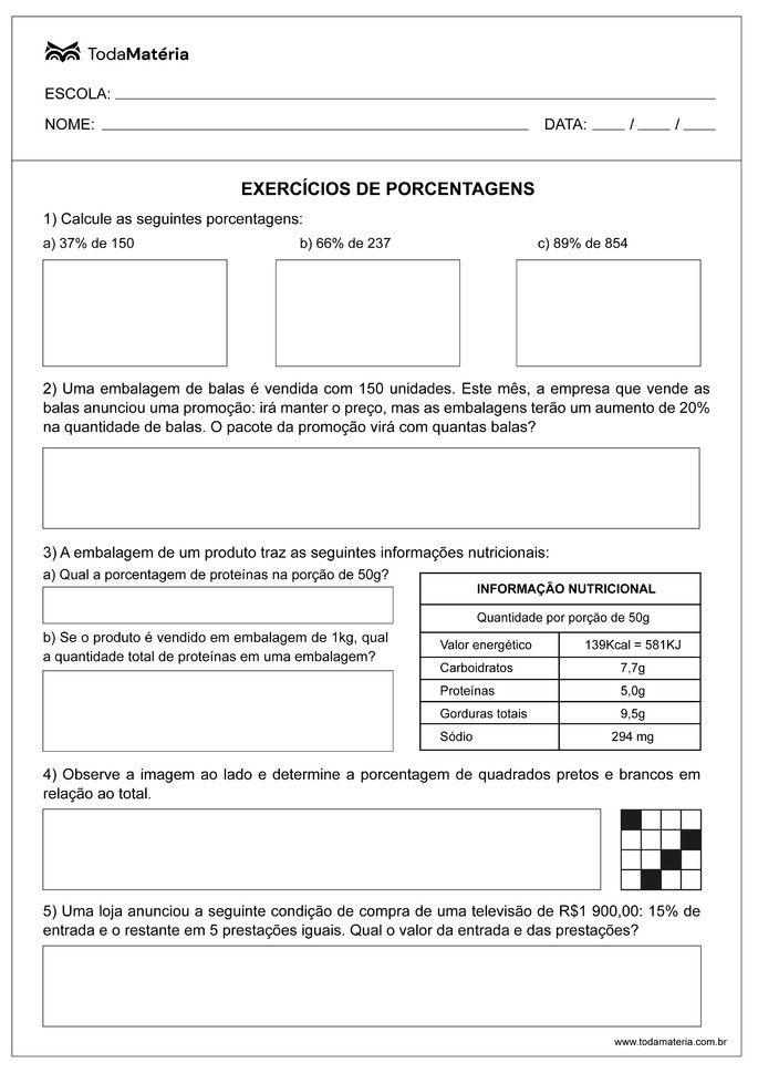 Atividades sobre porcentagem