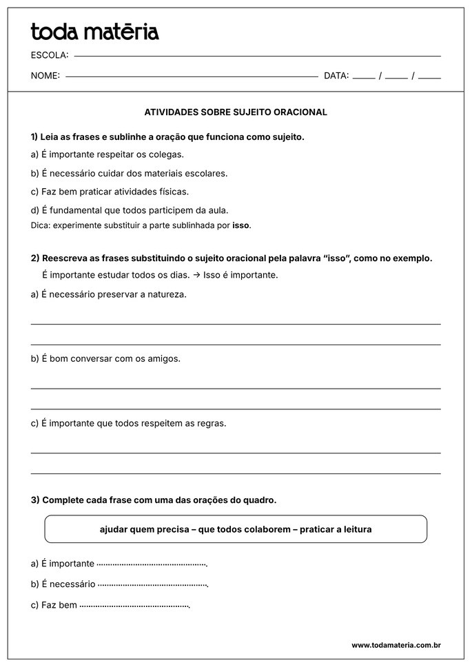 atividade sobre sujeito oracional 6&ordm; ano