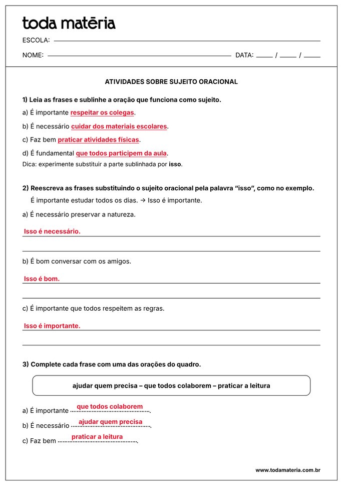 atividade sobre sujeito oracional 6º ano_gabarito