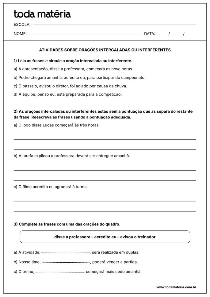atividade sobre ora&ccedil;&otilde;es intercaladas 6&ordm; ano