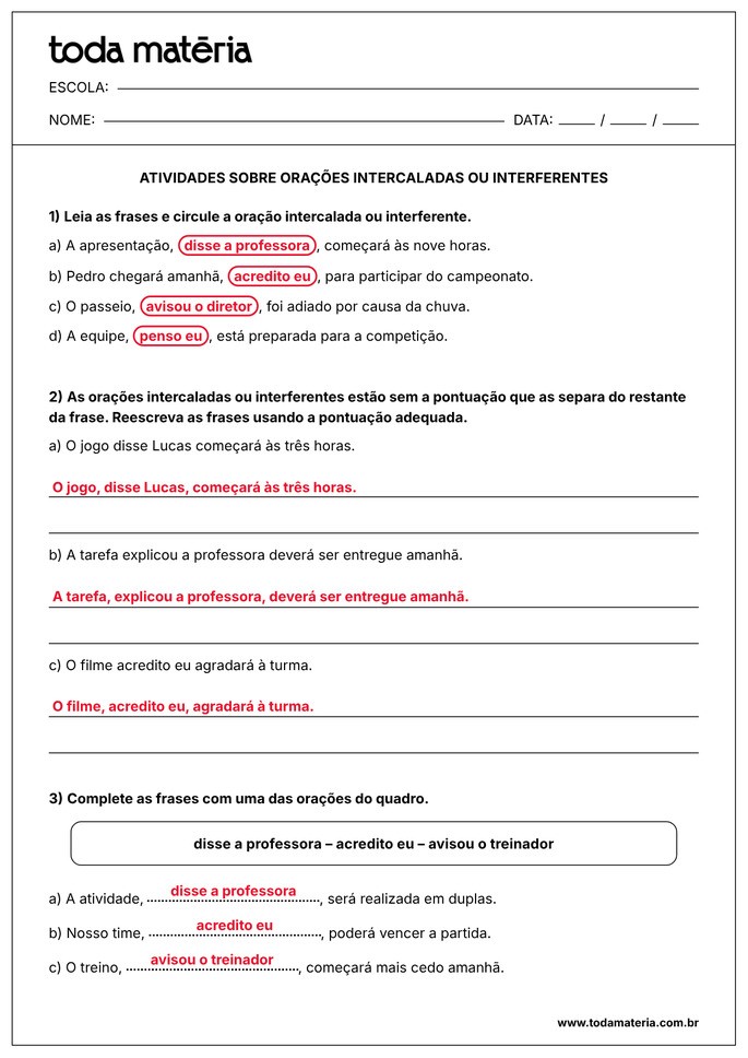 atividade sobre orações intercaladas 6º ano_gabarito