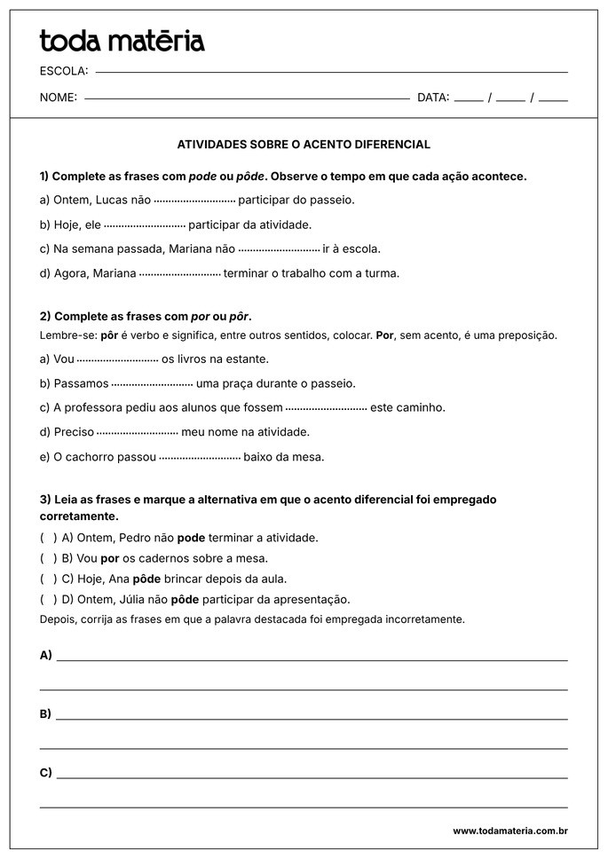 atividade sobre acento diferencial 6&ordm; ano