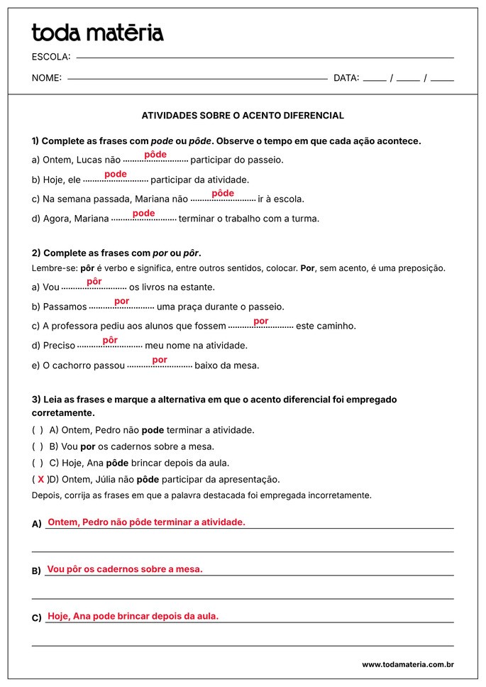 atividade sobre acento diferencial 6º ano_gabarito