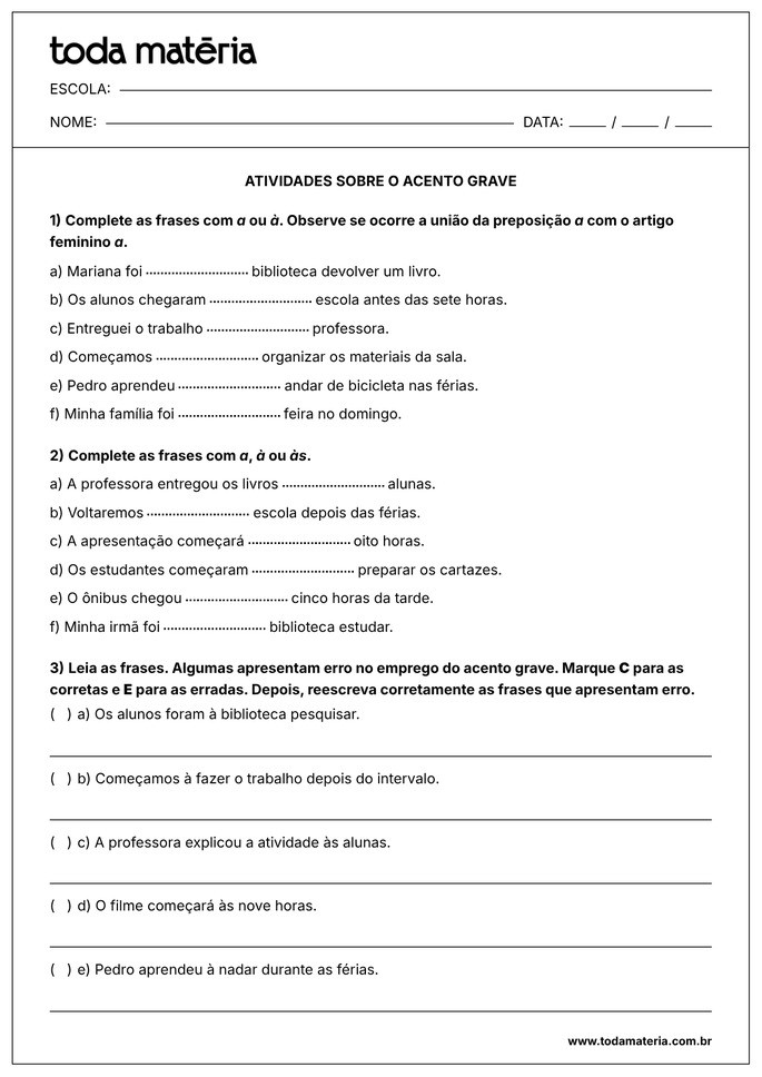 atividade sobre acento grave 6&ordm; ano