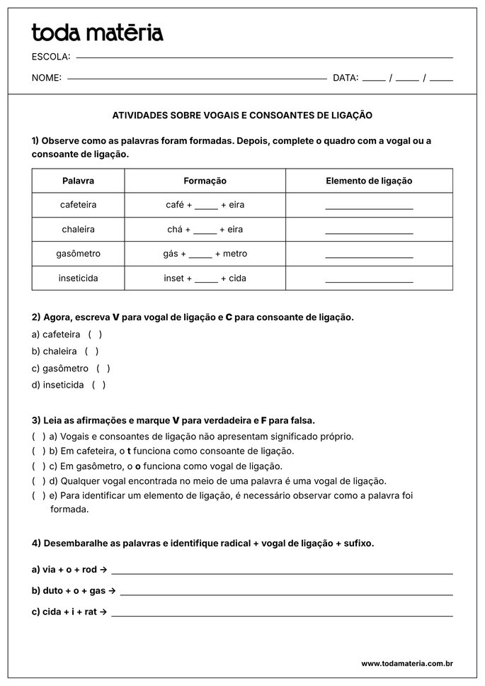 atividade sobre vogal e consoante de liga&ccedil;&atilde;o 6&ordm; ano