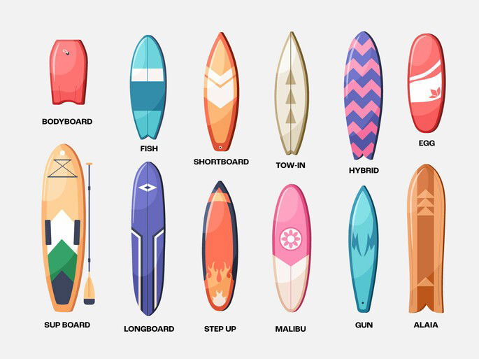 Diferentes tipos de pranchas, longas, curtas, largas, estreitas