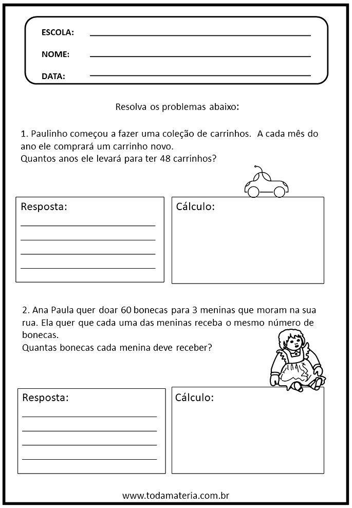 Problemas de Matemática do 4º Ano - Multiplicação e Divisão