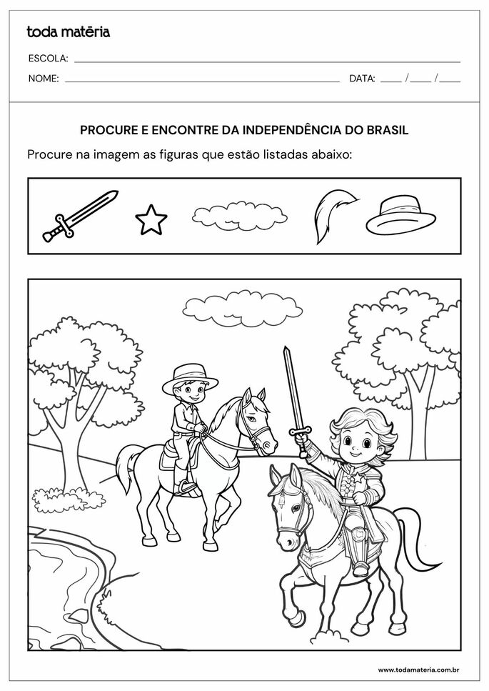 folha de atividade de procure e encontre sobre a independência do Brasil para educação infantil