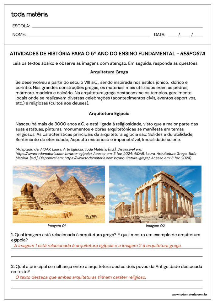 Folha de atividades de história para 5 ano do ensino fundamental - questão 3 - respostas