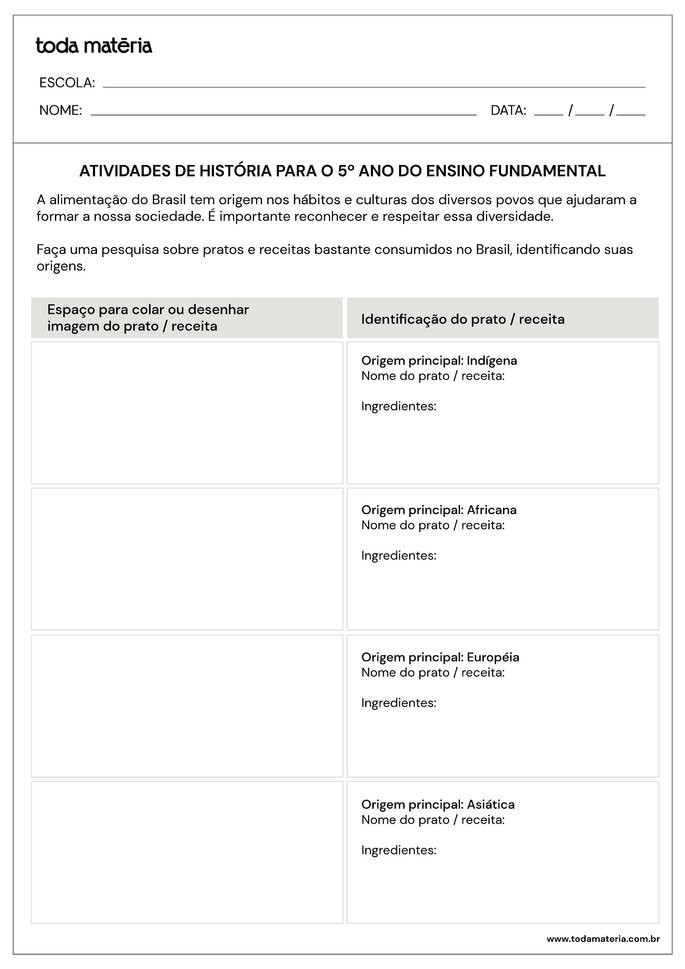 Folha de atividades de história para 5 ano do ensino fundamental - questão 4
