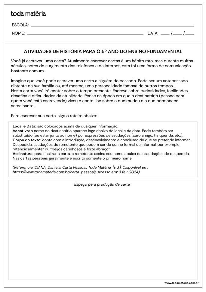 Folha de atividades de história para 5 ano do ensino fundamental - questão 6