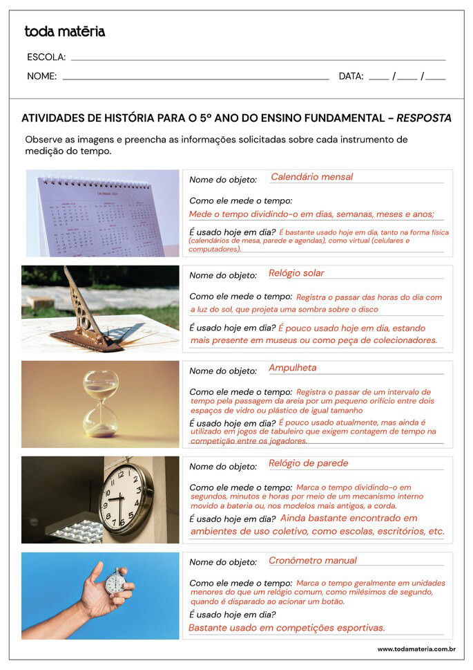 Folha de atividades de história para 5 ano do ensino fundamental - questão 8 - respostas
