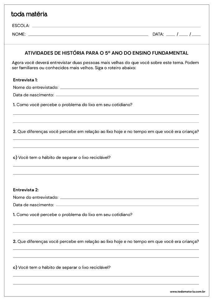 Atividades de História para o 5º ano (para imprimir) - Toda Matéria
