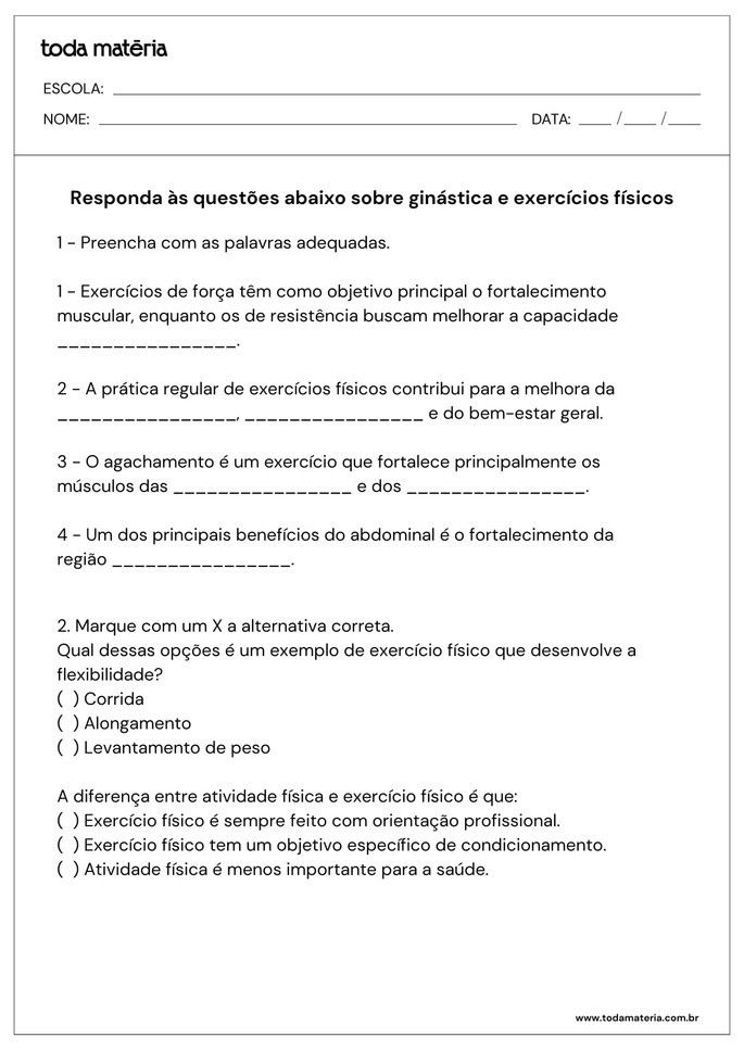 questões sobre ginástica e exercícios físicos