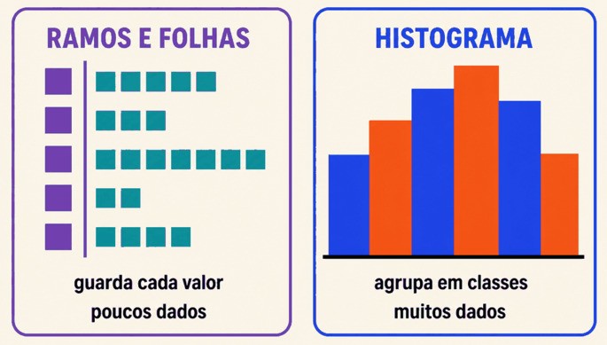 Comparação entre o diagrama de ramos e folhas, que guarda cada valor e serve para poucos dados, e o histograma, que agrupa os dados em classes e serve para muitos dados
