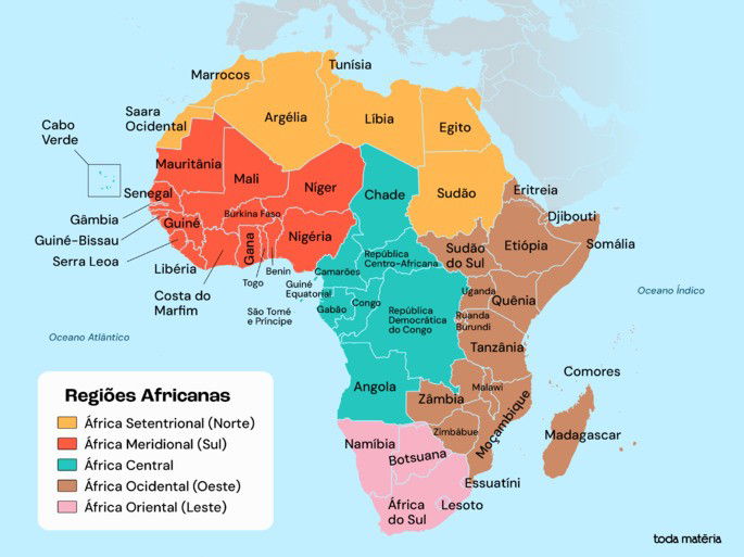 Mapa das regi&otilde;es da &Aacute;frica identificado por cores e nomes dos pa&iacute;ses.