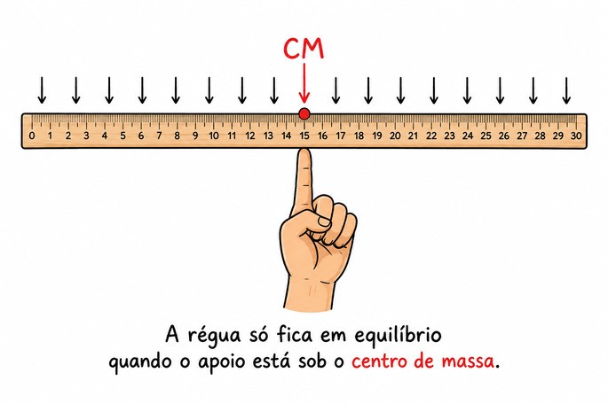 Representação de uma régua mostrando o conceito de equilíbrio do centro de massa