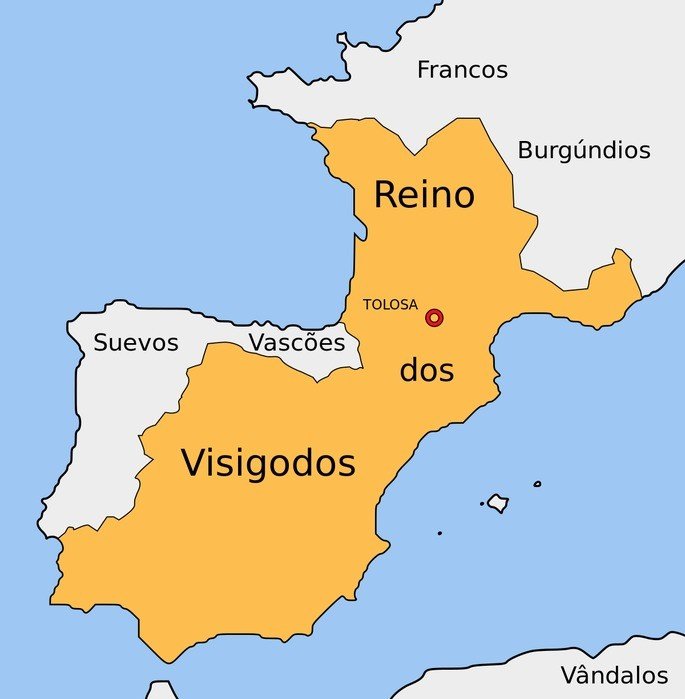 Território do reino visigodo pela Península Ibérica e sul da França