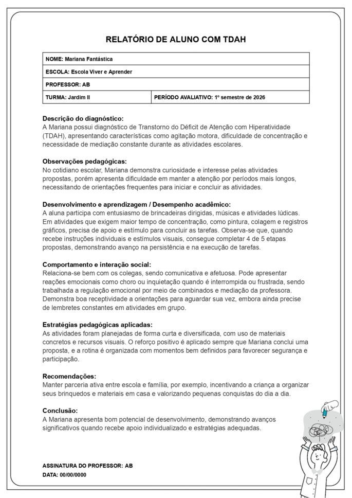 exemplo de relat&oacute;rio preenchido de aluno da educa&ccedil;&atilde;o infantil com TDAH