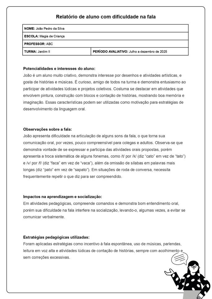 exemplo preenchido de relat&oacute;rio de aluno da educa&ccedil;&atilde;o infantil com dificuldade na fala_parte 1 de 2