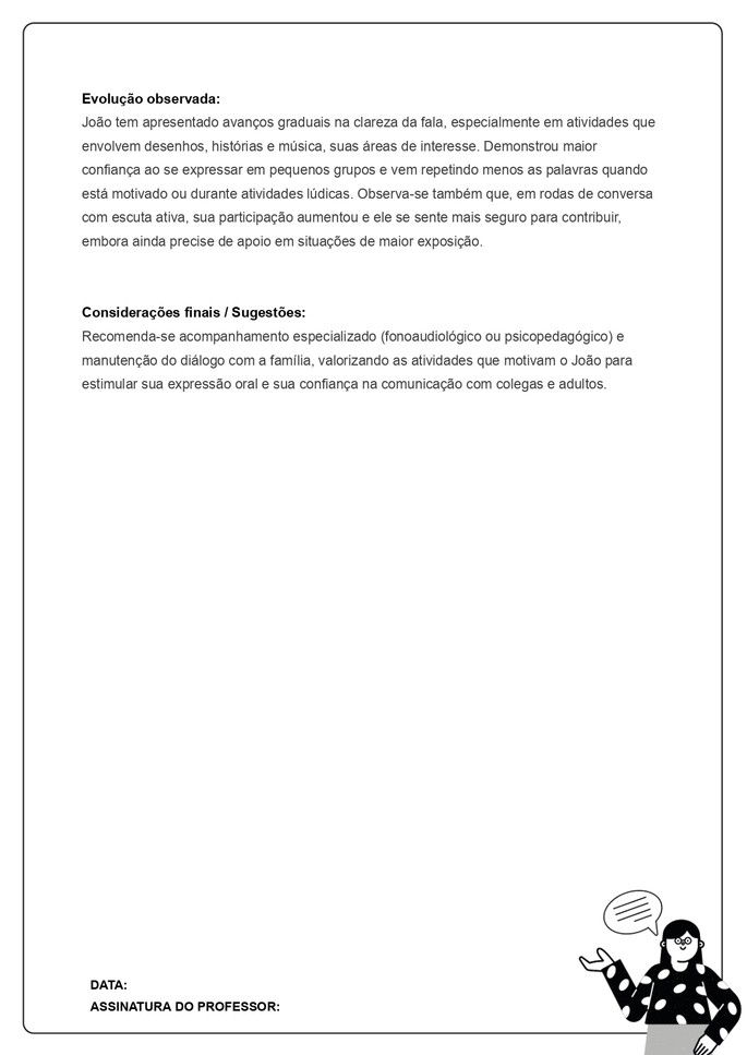 exemplo preenchido de relat&oacute;rio de aluno da educa&ccedil;&atilde;o infantil com dificuldade na fala_parte 2 de 2