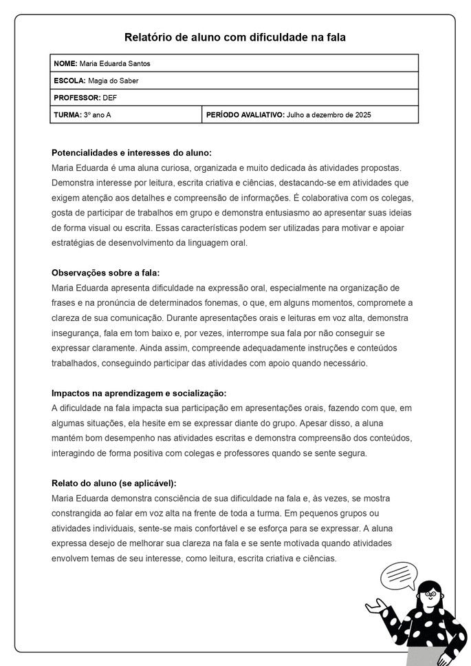 exemplo preenchido de relat&oacute;rio de aluno do ensino fundamental com dificuldade na fala_parte 1 de 2