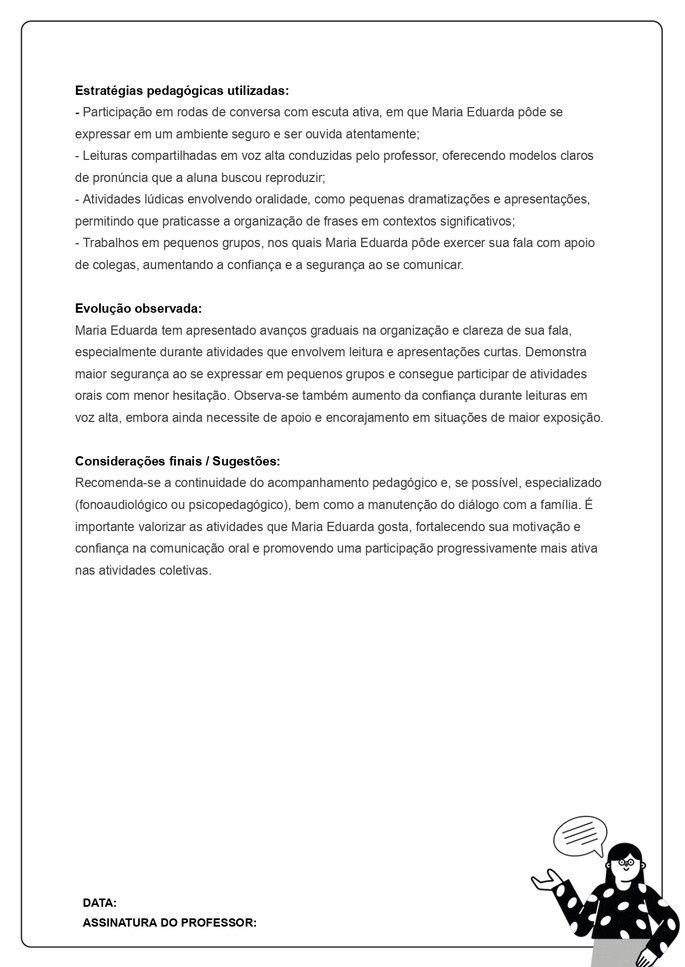 exemplo preenchido de relat&oacute;rio de aluno do ensino fundamental com dificuldade na fala_parte 2 de 2
