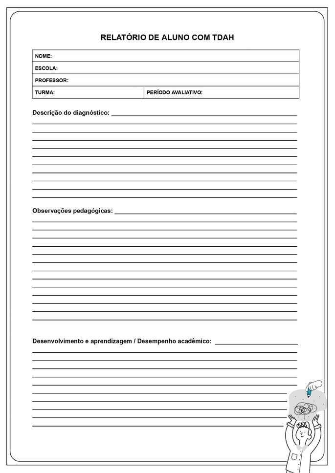 Modelo de relat&oacute;rio para alunos com TDAH para impress&atilde;o - p&aacute;gina 1.