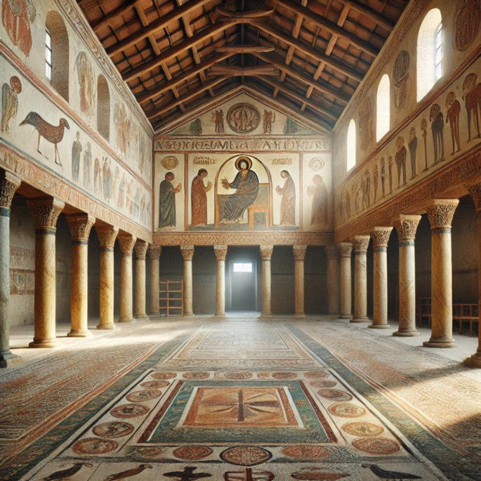 Representação de IA do interior de uma basílica cristã primitiva do século IV
