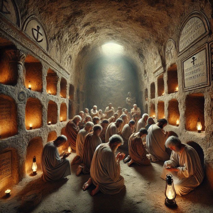 Representação de IA dos primeiros cristãos praticando sua fé em segredo dentro de catacumbas romanas durante os séculos II e III