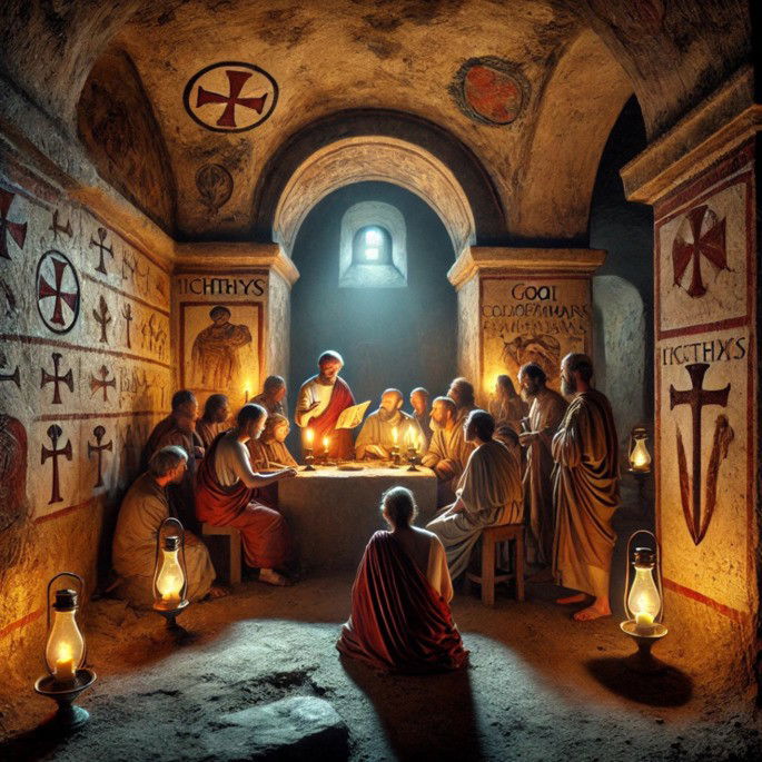 Representação de IA dos primeiros cristãos praticando sua fé em segredo dentro de catacumbas romanas durante os séculos II e III