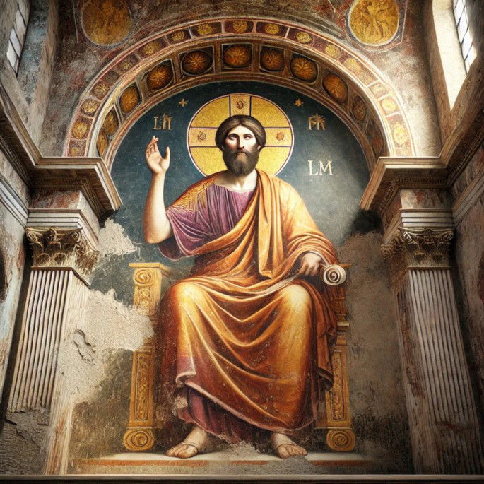 Representação de um afresco desbotado em uma basílica cristã primitiva do século IV, mostrando Cristo Pantocrator