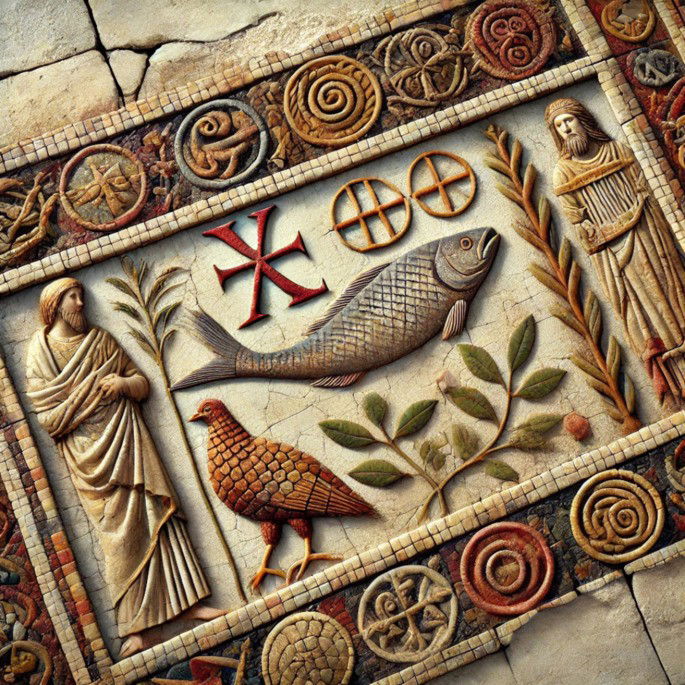 Representação de um piso de mosaico próximo ao altar no interior de uma basílica do século IV - Arte cristã primitiva