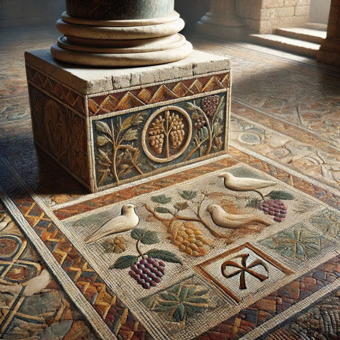 Representação de um piso de mosaico próximo ao altar no interior de uma basílica do século IV - Arte cristã primitiva
