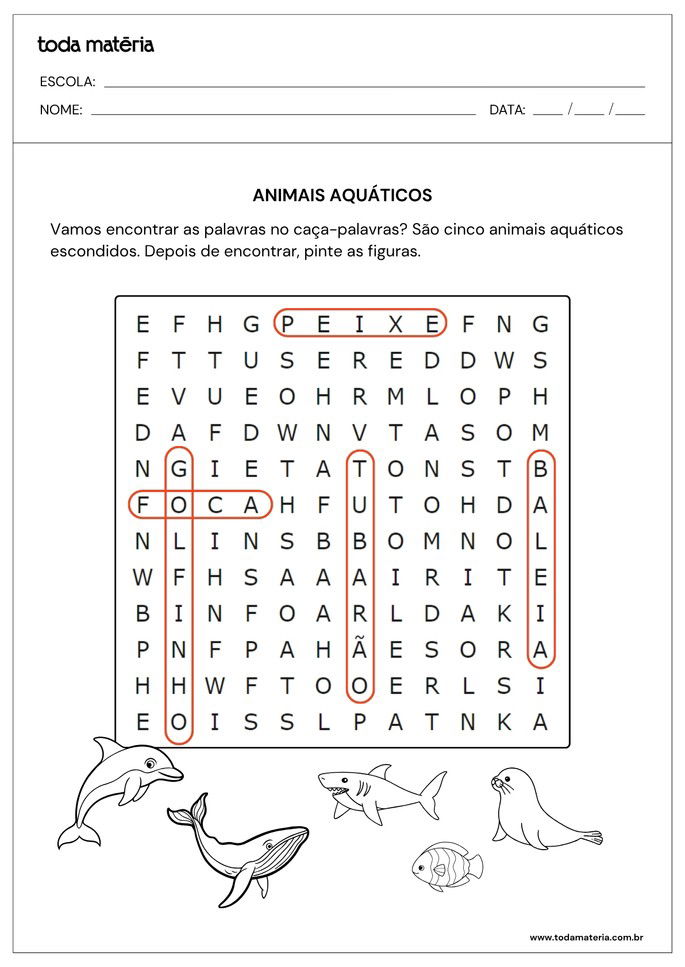 Respostas de caça-palavras de animais aquáticos para alfabetizar