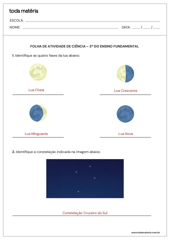 Reposta da folha de atividades de ciências para o 3º ano do fundamental - astronomia