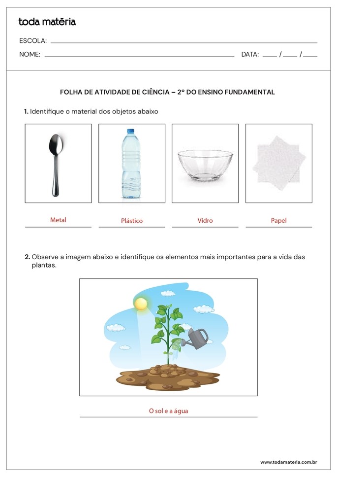 Resposta da folha de atividade 01 de ciências para o fundamental - 2 ano