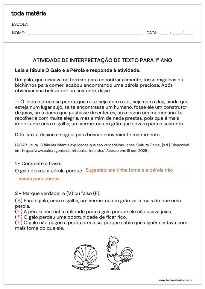 folha de resposta de atividade de interpretação da fábula O Galo e a Pérola para 1º ano do Fundamental