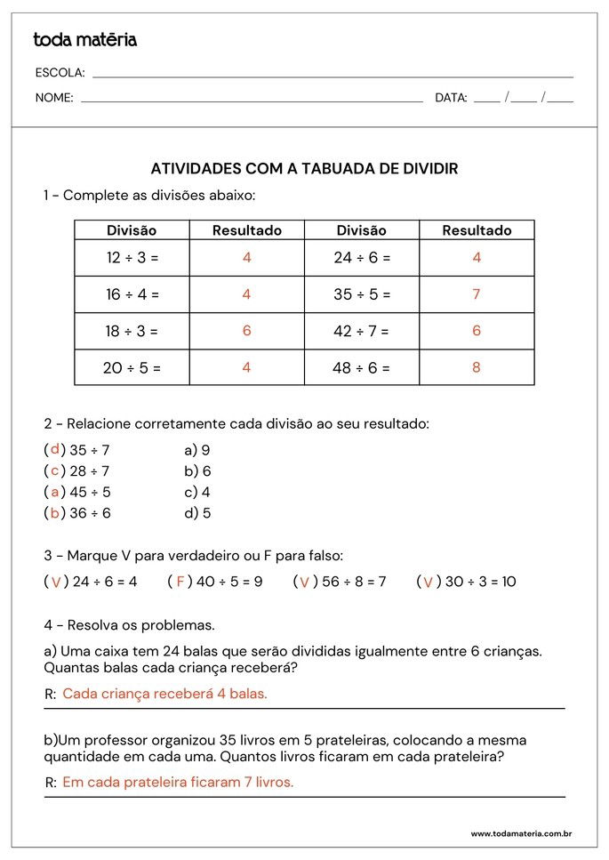 atividades com a tabuada de dividir de complete, relacione, verdadeiro ou falso e problemas_respostas