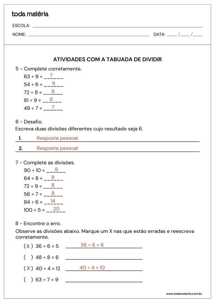 atividades com a tabuada de dividir de complete, desafio e reescreva corretamente_respostas